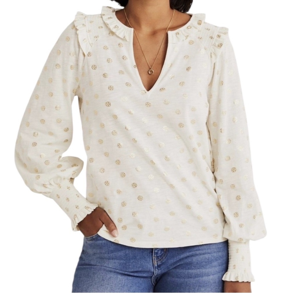 Boden White Gold Print Smocked Long Sleeve V Neck Top